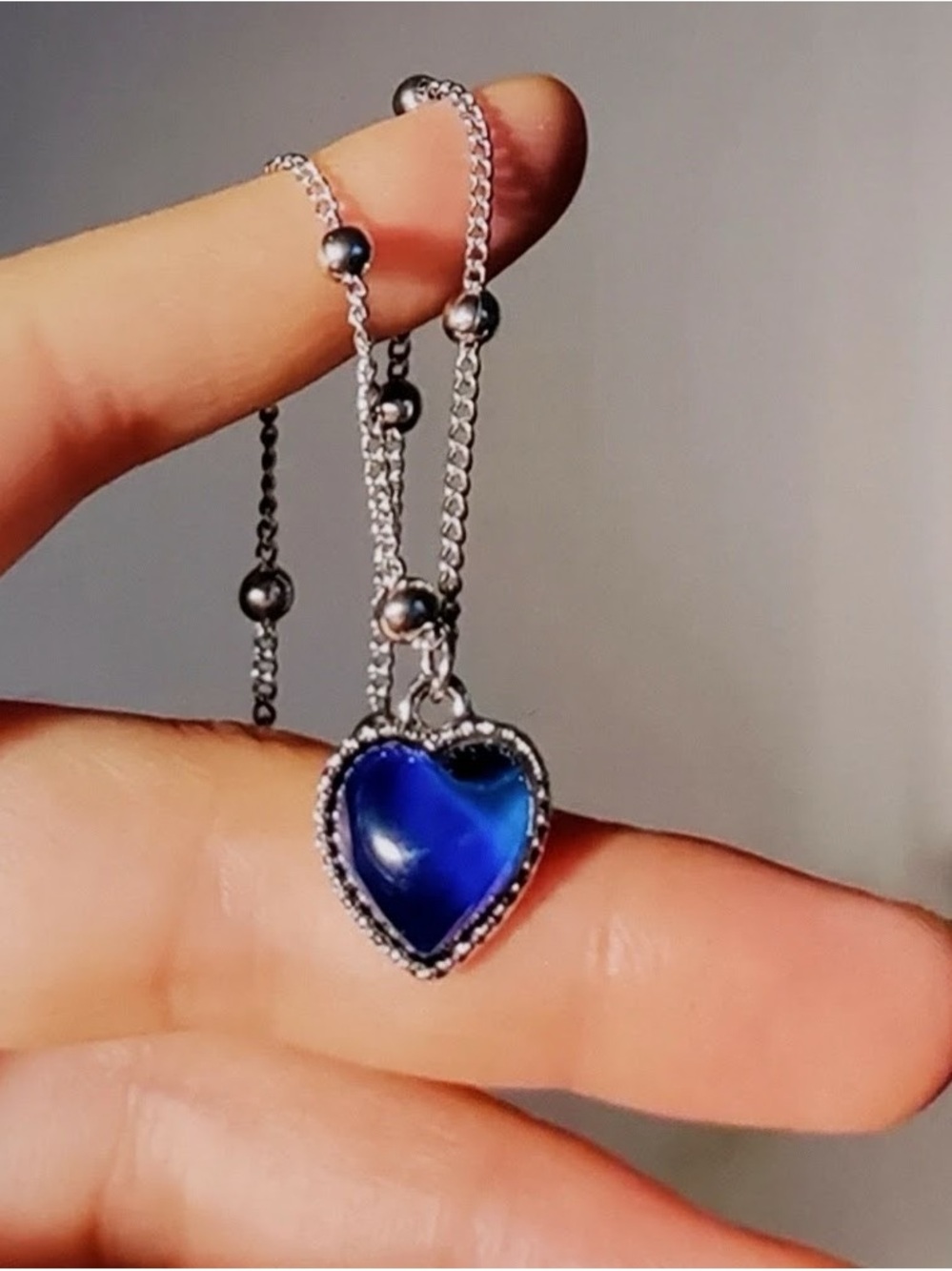 Beginning Boutique Silver Beaded Necklace with Deep Blue Heart Pendant